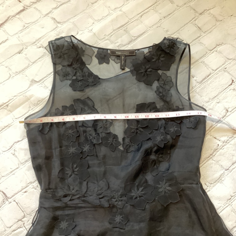 594. BCBGMaxAzria Black Asymmetrical Floral Dress Size 10 EUC - Picture 9 of 11